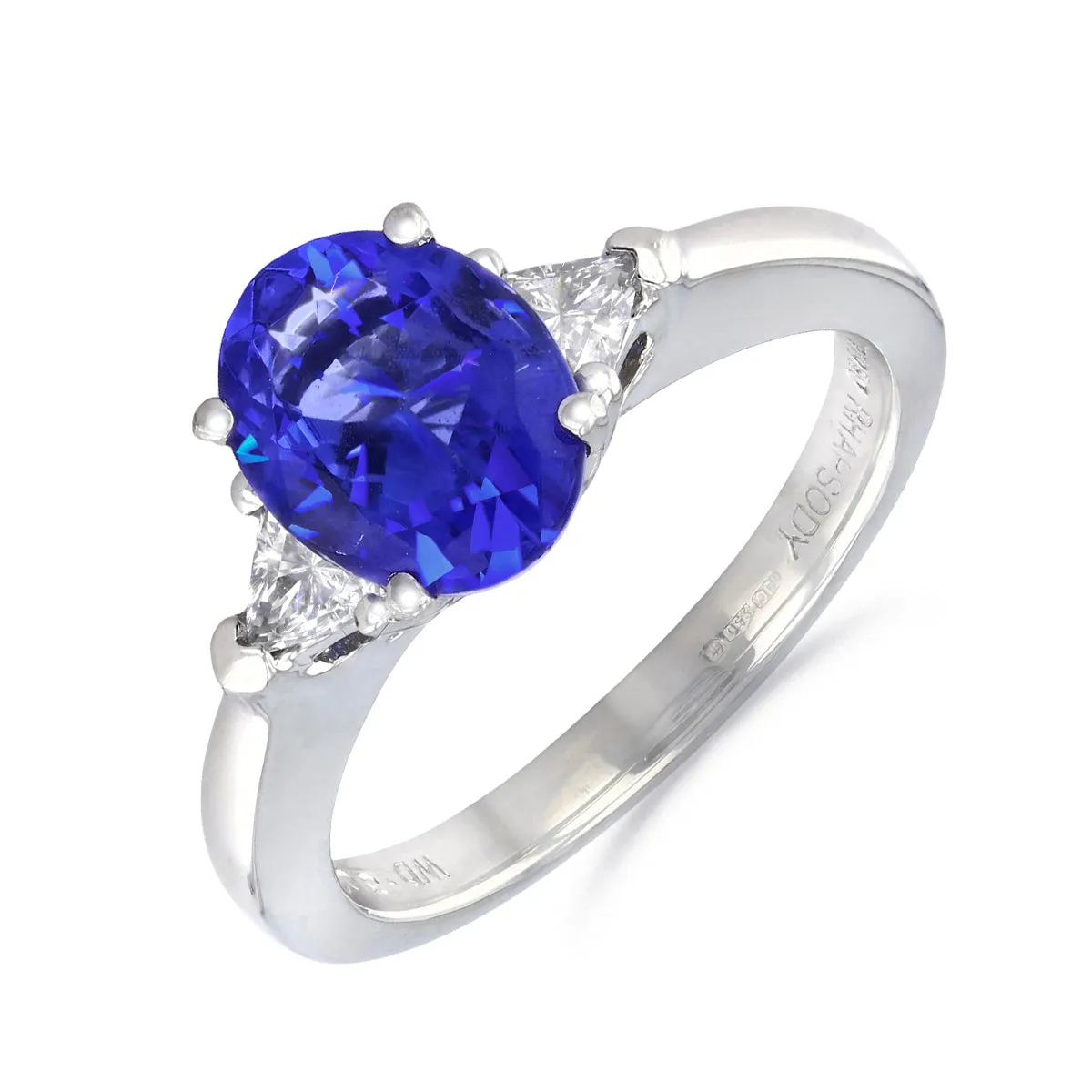 2.23ct Oval Cut Tanzanite and Trillion Cut Diamonds Three stone Ring | Pre-Loved | Platinum