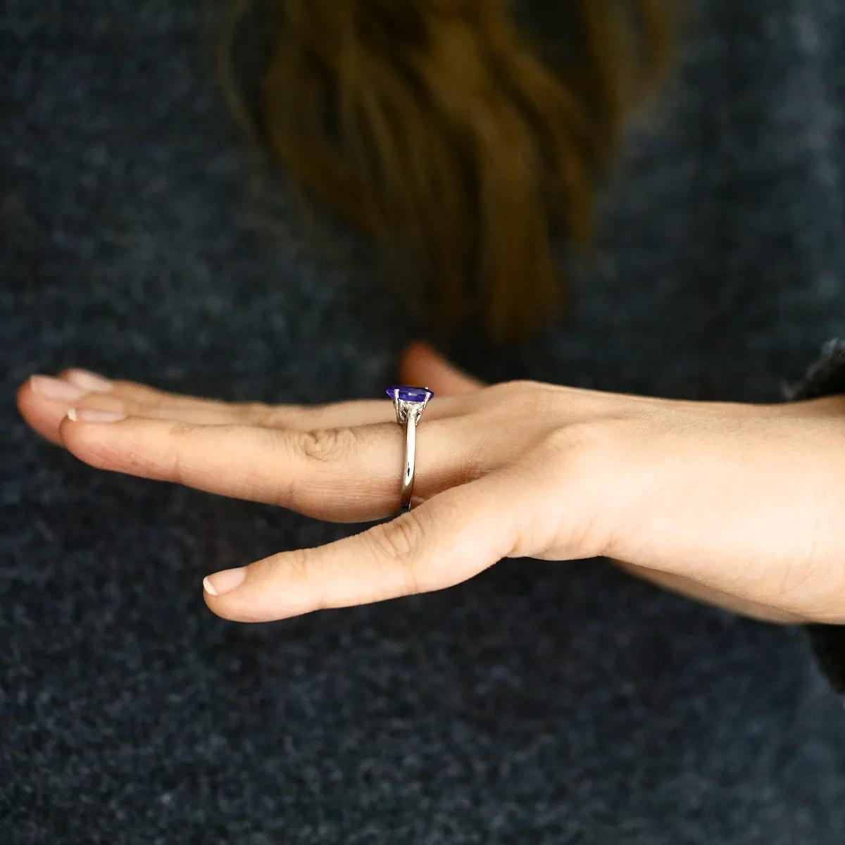 2.23ct Oval Cut Tanzanite and Trillion Cut Diamonds Three stone Ring | Pre-Loved | Platinum