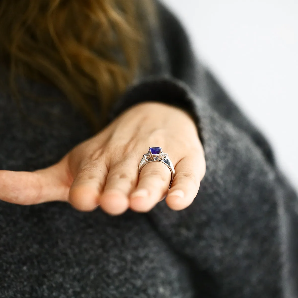 2.23ct Oval Cut Tanzanite and Trillion Cut Diamonds Three stone Ring | Pre-Loved | Platinum