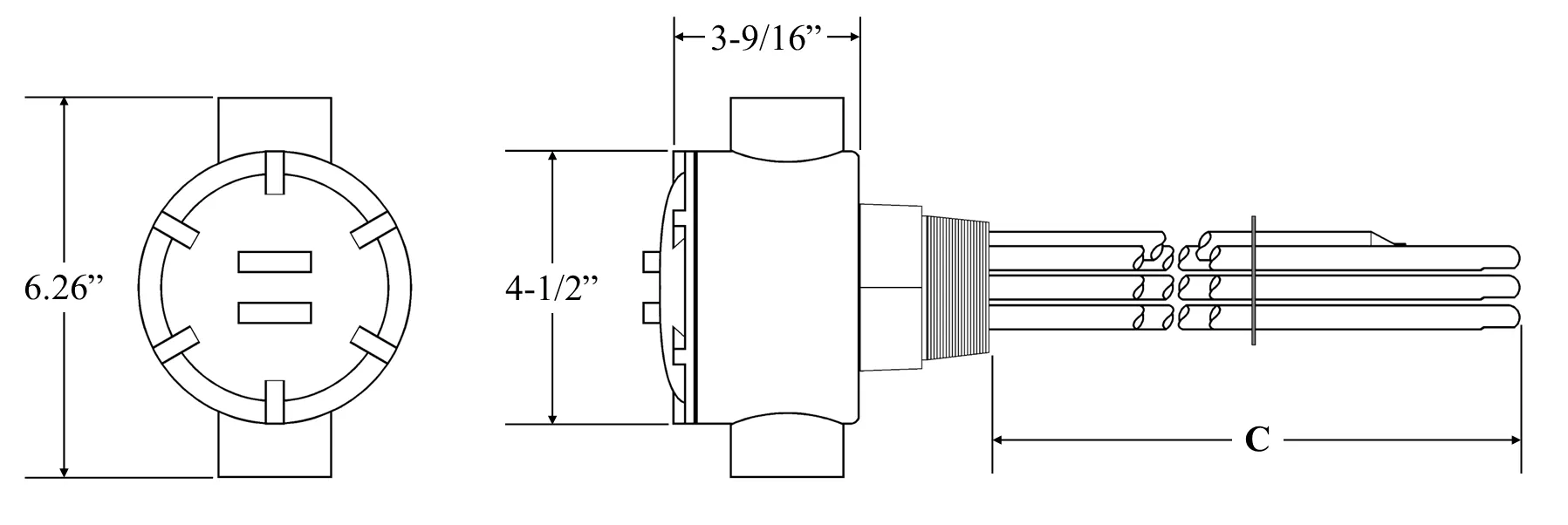 A-5023-WXP Model: 5000W @ 208V 3-Phase 13" Immersion Length Explosion/Moisture-Resistant, Non-regulated, Incoloy Sheath With Brass 2" NPT Screw Plug Immersion Elements