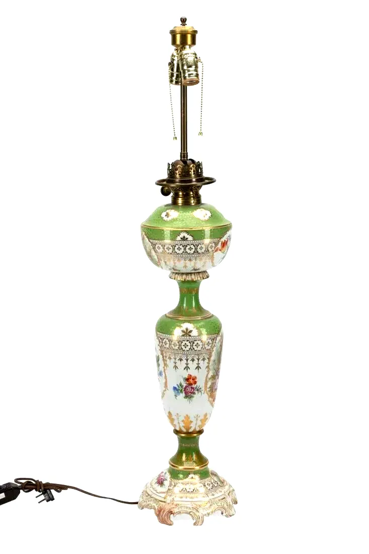 Antique Lamp, Porcelain, Floral, Converted Oil, Green Gilt, German,Early 20th C.