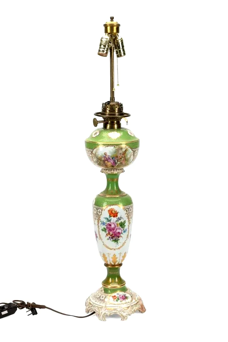 Antique Lamp, Porcelain, Floral, Converted Oil, Green Gilt, German,Early 20th C.