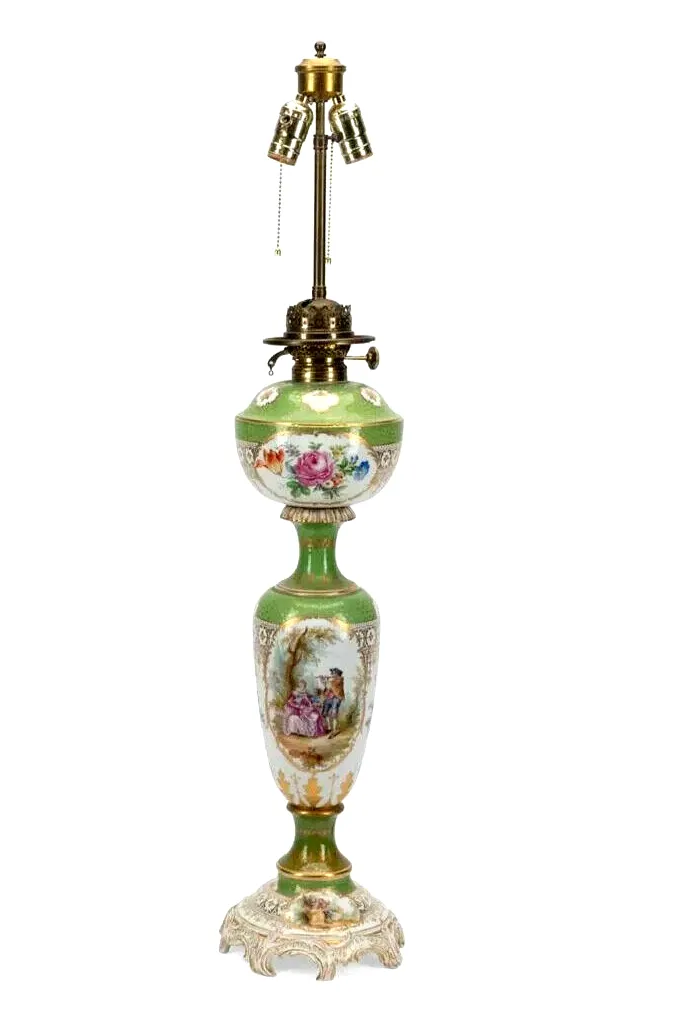 Antique Lamp, Porcelain, Floral, Converted Oil, Green Gilt, German,Early 20th C.
