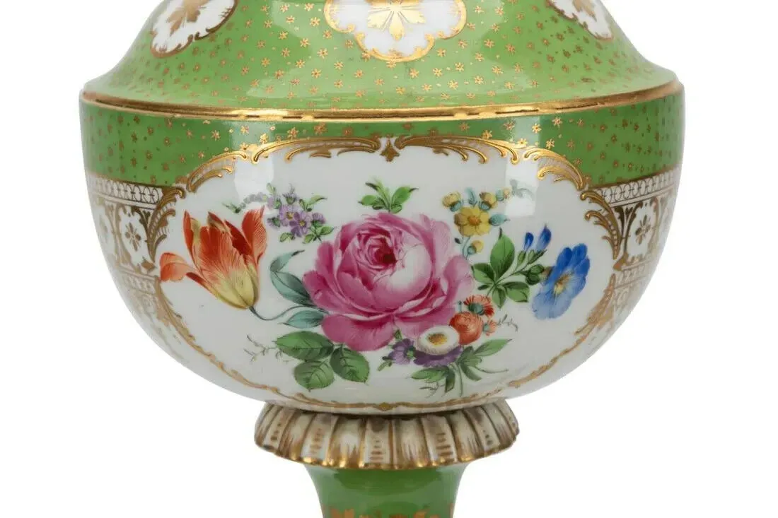 Antique Lamp, Porcelain, Floral, Converted Oil, Green Gilt, German,Early 20th C.