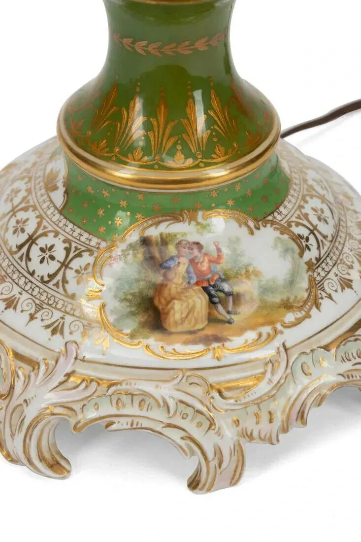 Antique Lamp, Porcelain, Floral, Converted Oil, Green Gilt, German,Early 20th C.