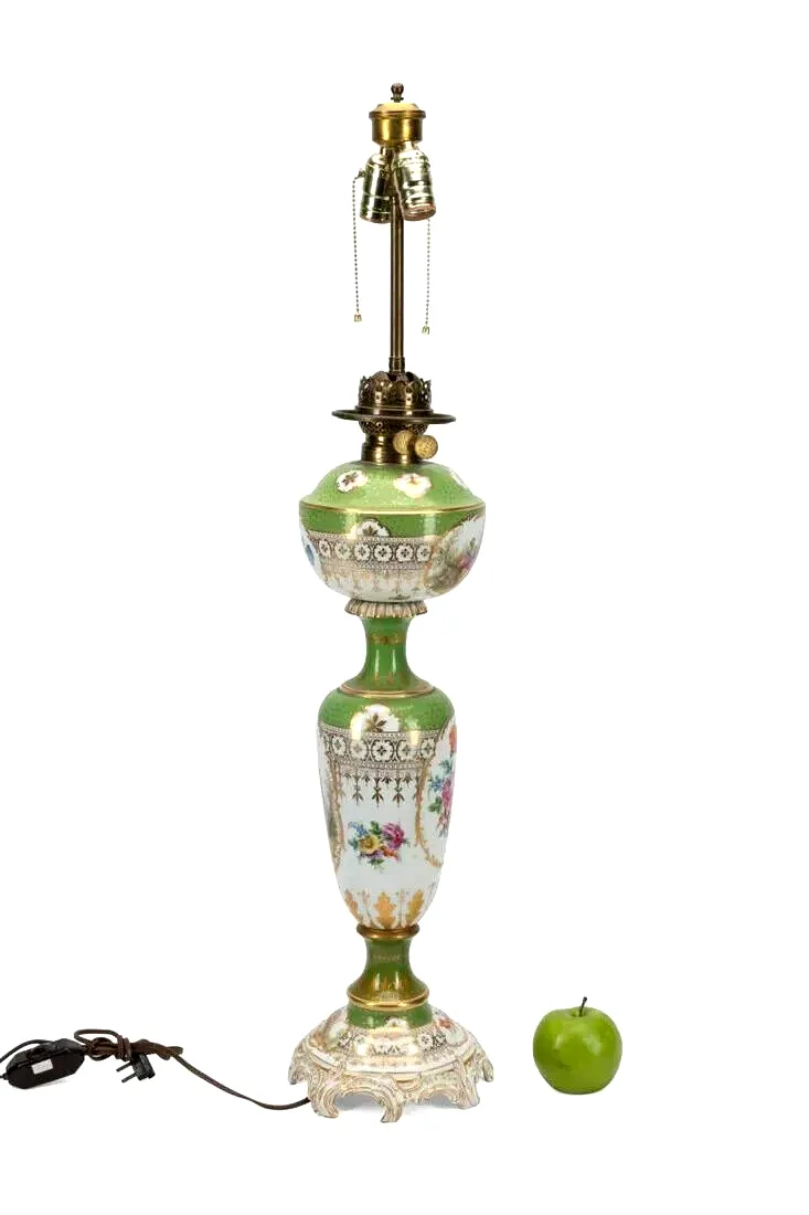 Antique Lamp, Porcelain, Floral, Converted Oil, Green Gilt, German,Early 20th C.