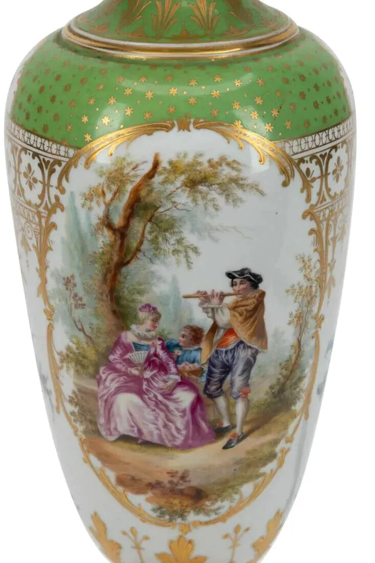 Antique Lamp, Porcelain, Floral, Converted Oil, Green Gilt, German,Early 20th C.