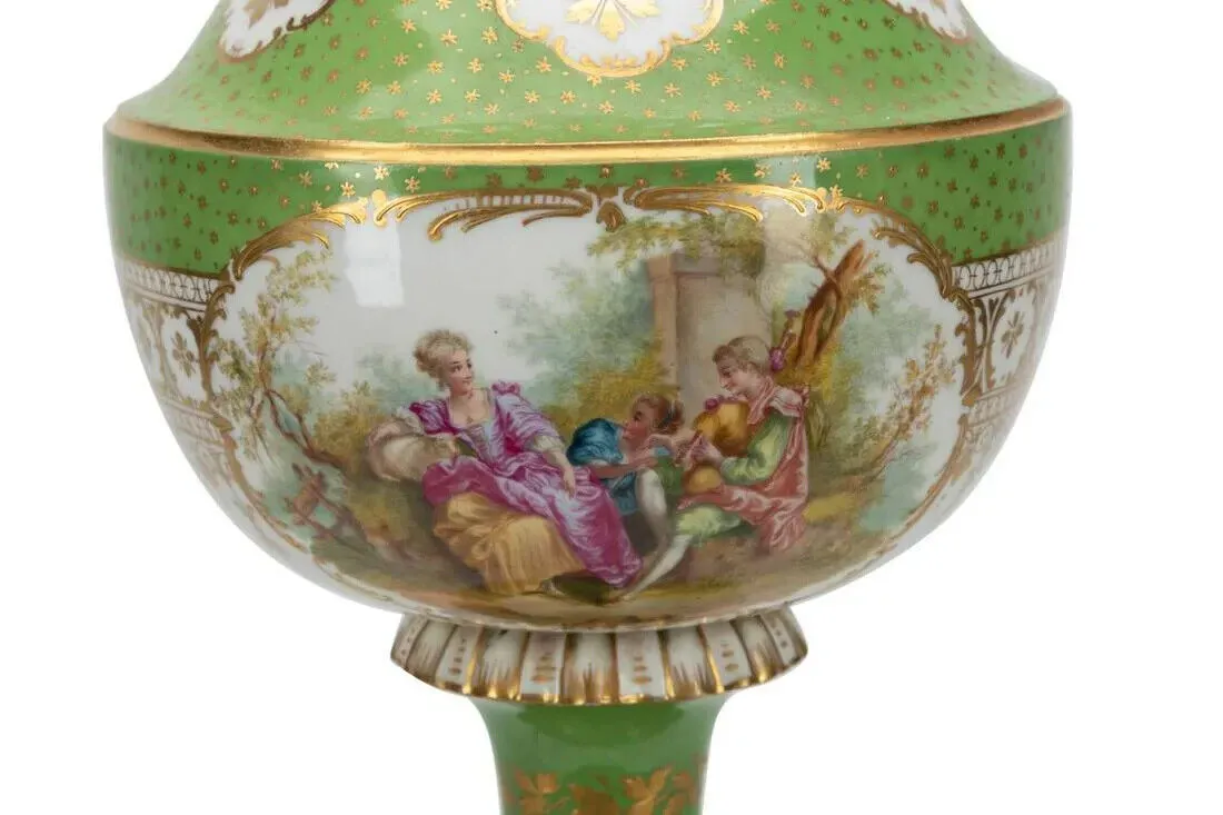 Antique Lamp, Porcelain, Floral, Converted Oil, Green Gilt, German,Early 20th C.