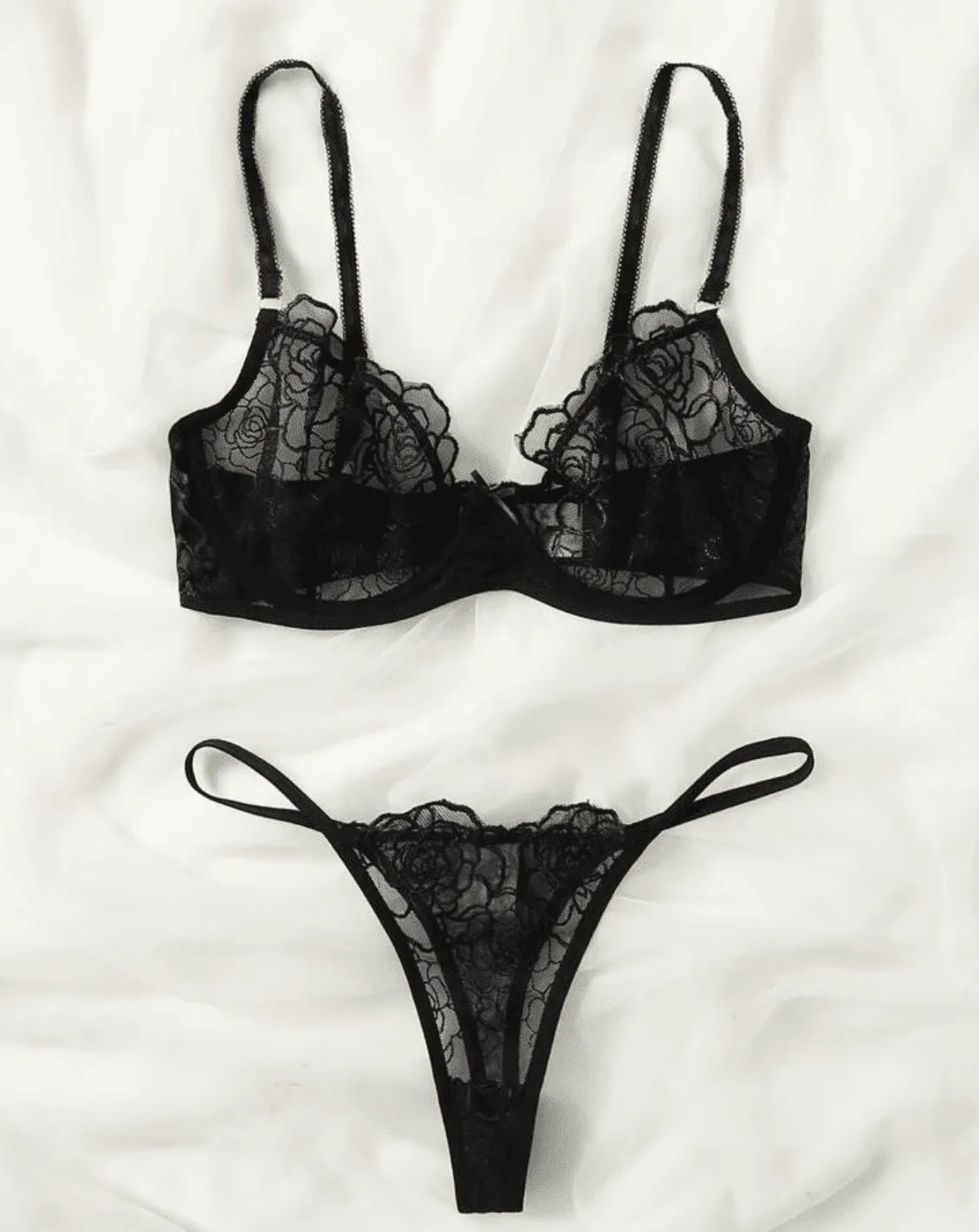 Black Lingerie Set Rose Embroidery