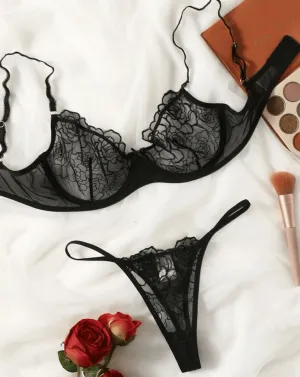 Black Lingerie Set Rose Embroidery