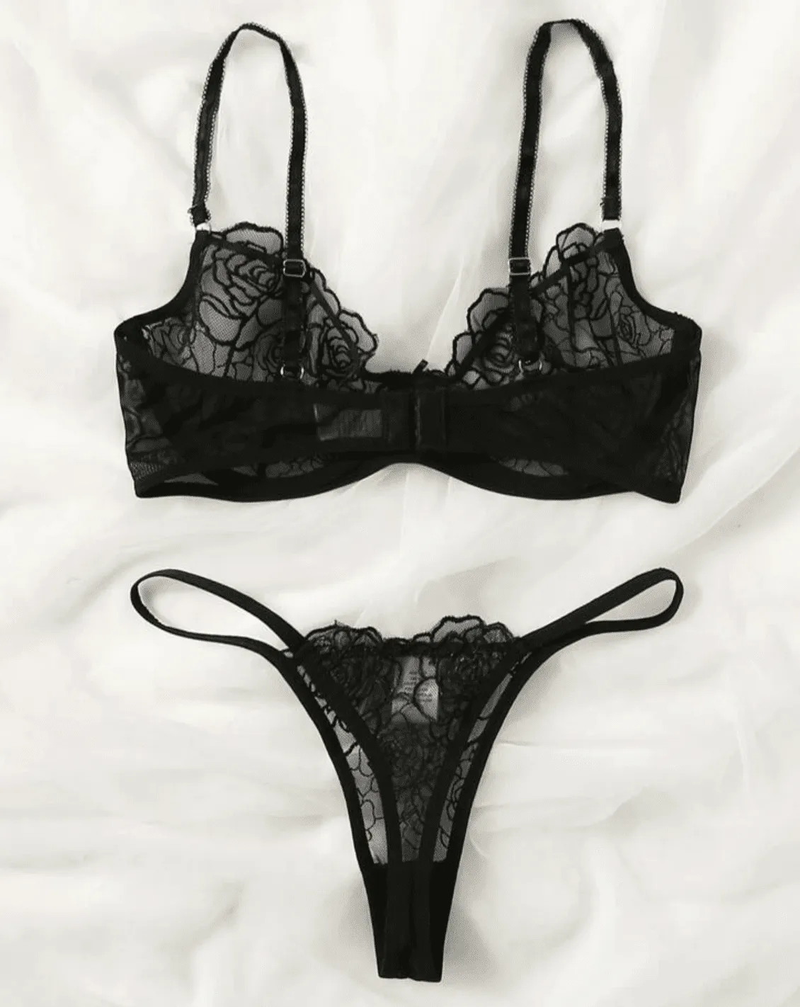 Black Lingerie Set Rose Embroidery