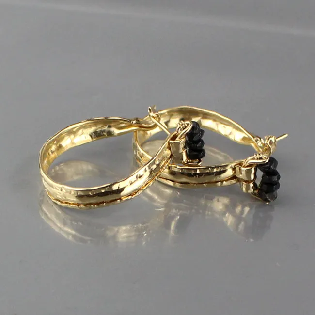 Black Onyx Golden Crown Hoop Earrings