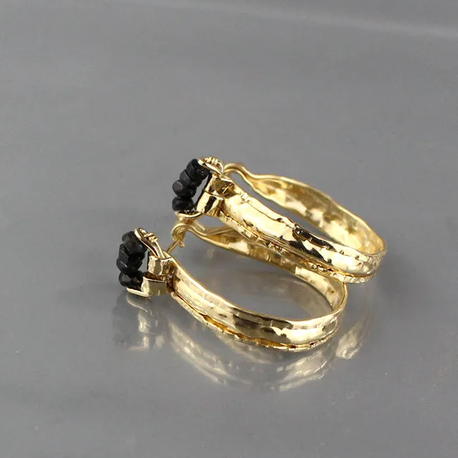 Black Onyx Golden Crown Hoop Earrings