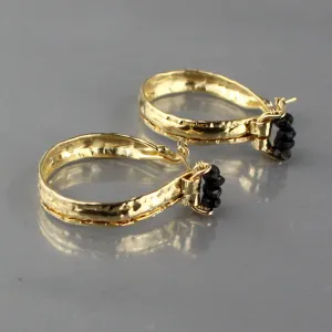 Black Onyx Golden Crown Hoop Earrings