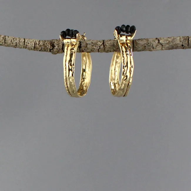 Black Onyx Golden Crown Hoop Earrings