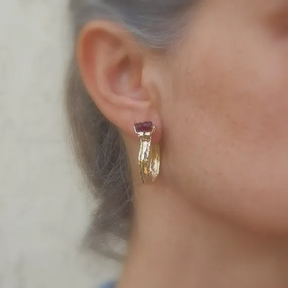 Garnet Golden Crown Hoop Earrings