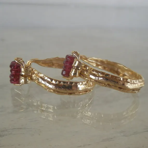 Garnet Golden Crown Hoop Earrings