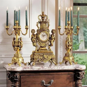 Golden Rococo Grand Mantel Clock And Candelabras Angels Cherubs  Assembly