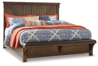 Lakeleigh Califorina King Panel Bed with Upholstered Bench with Mirrored Dresser, Chest and Nightstand