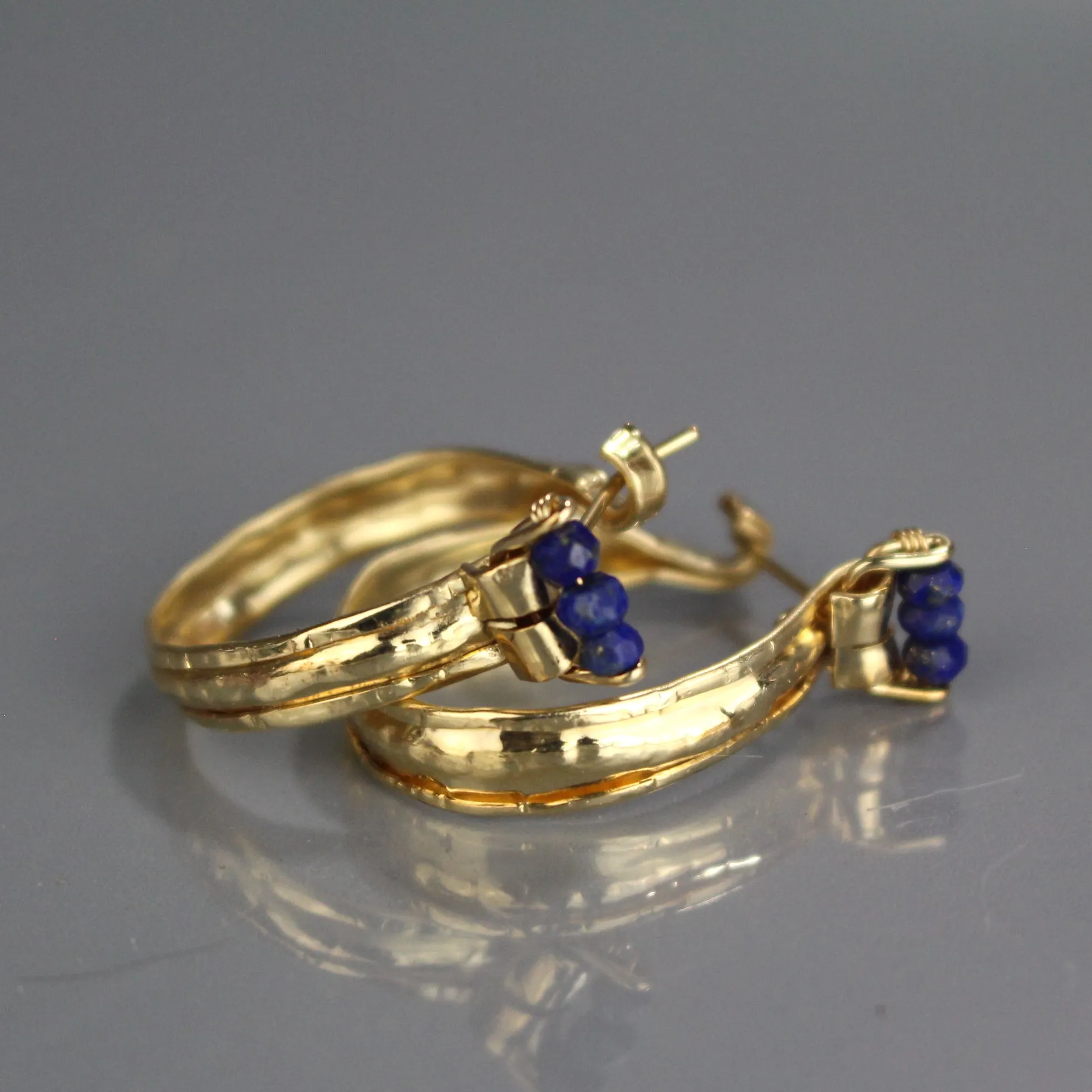 Lapis Golden Crown Hoop Earrings
