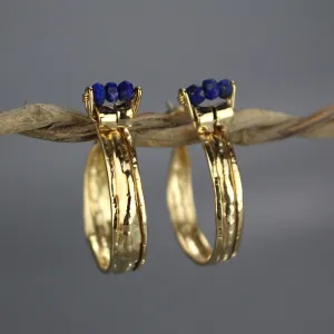 Lapis Golden Crown Hoop Earrings