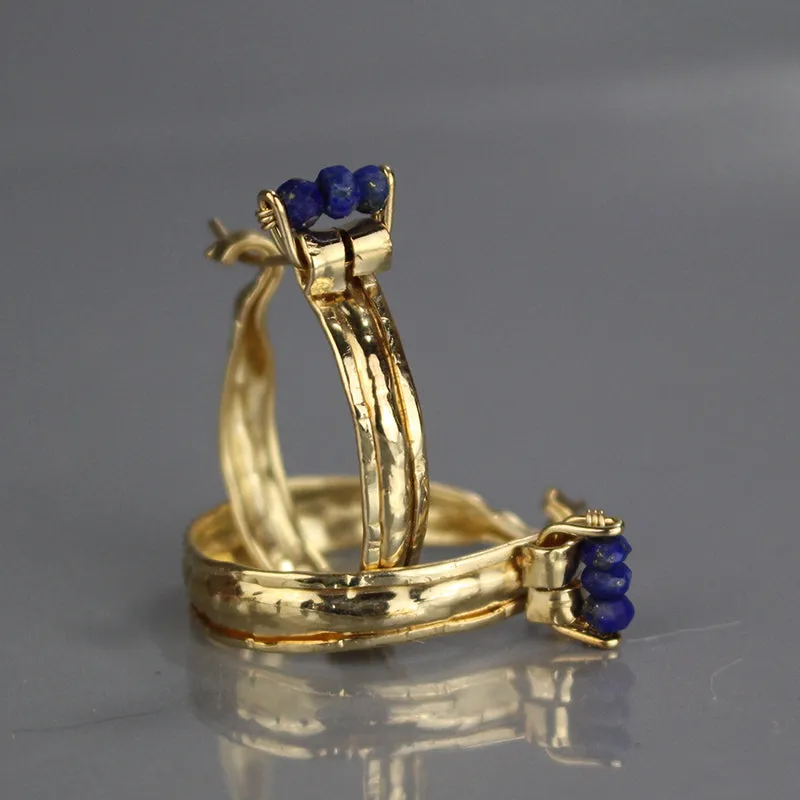 Lapis Golden Crown Hoop Earrings