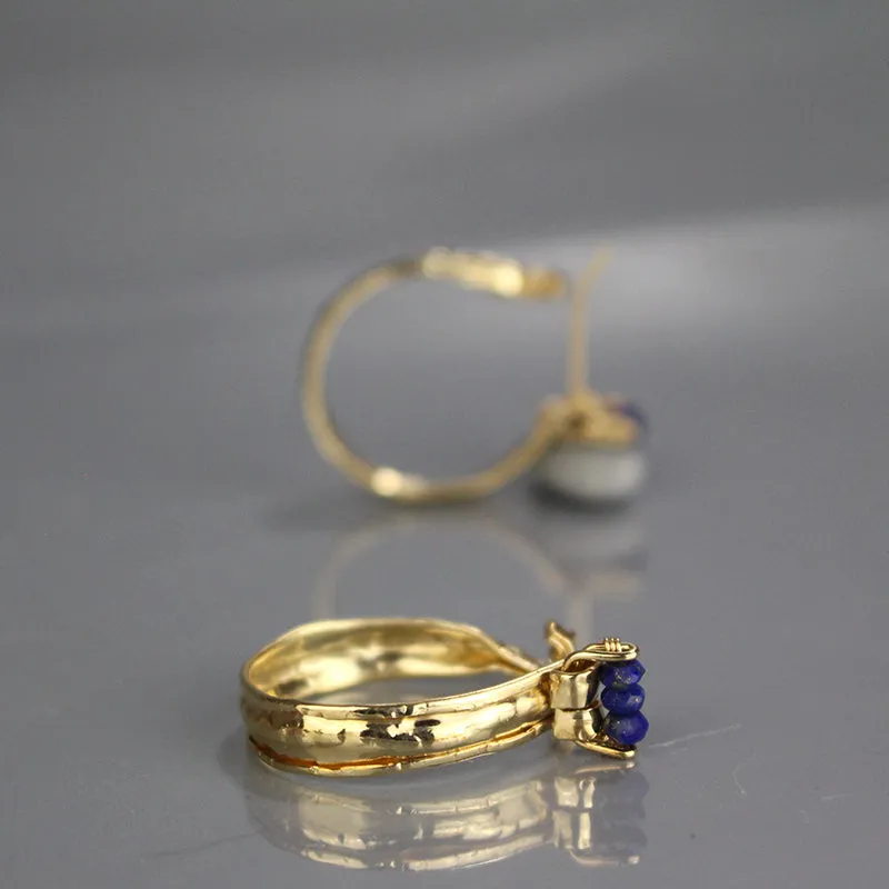 Lapis Golden Crown Hoop Earrings