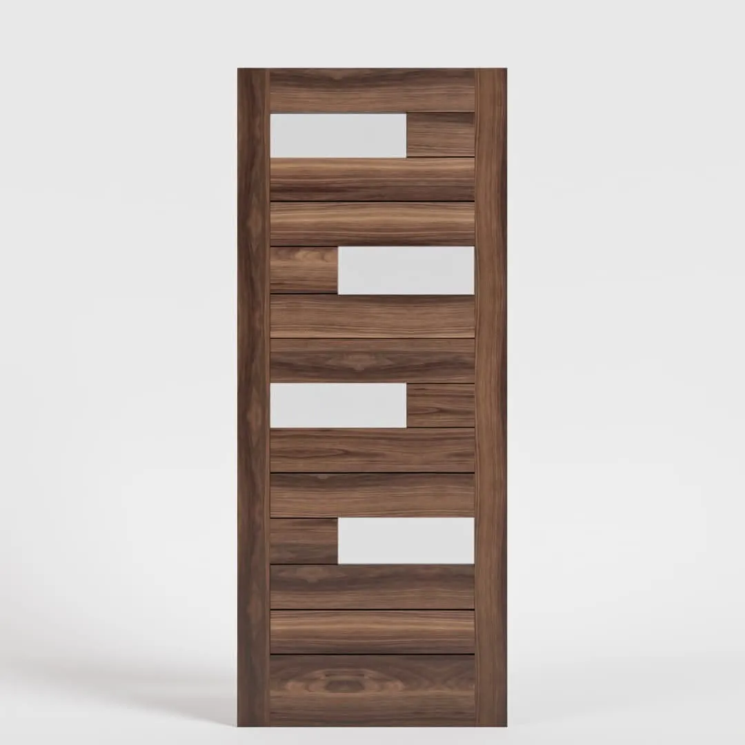 Offset Slat Modern Wood Double Front Doors With Glass