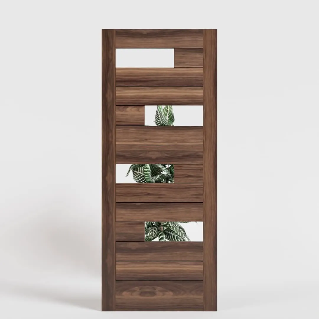 Offset Slat Modern Wood Double Front Doors With Glass