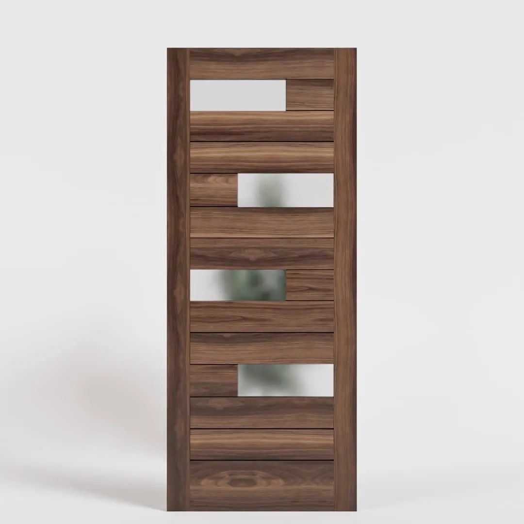 Offset Slat Modern Wood Double Front Doors With Glass
