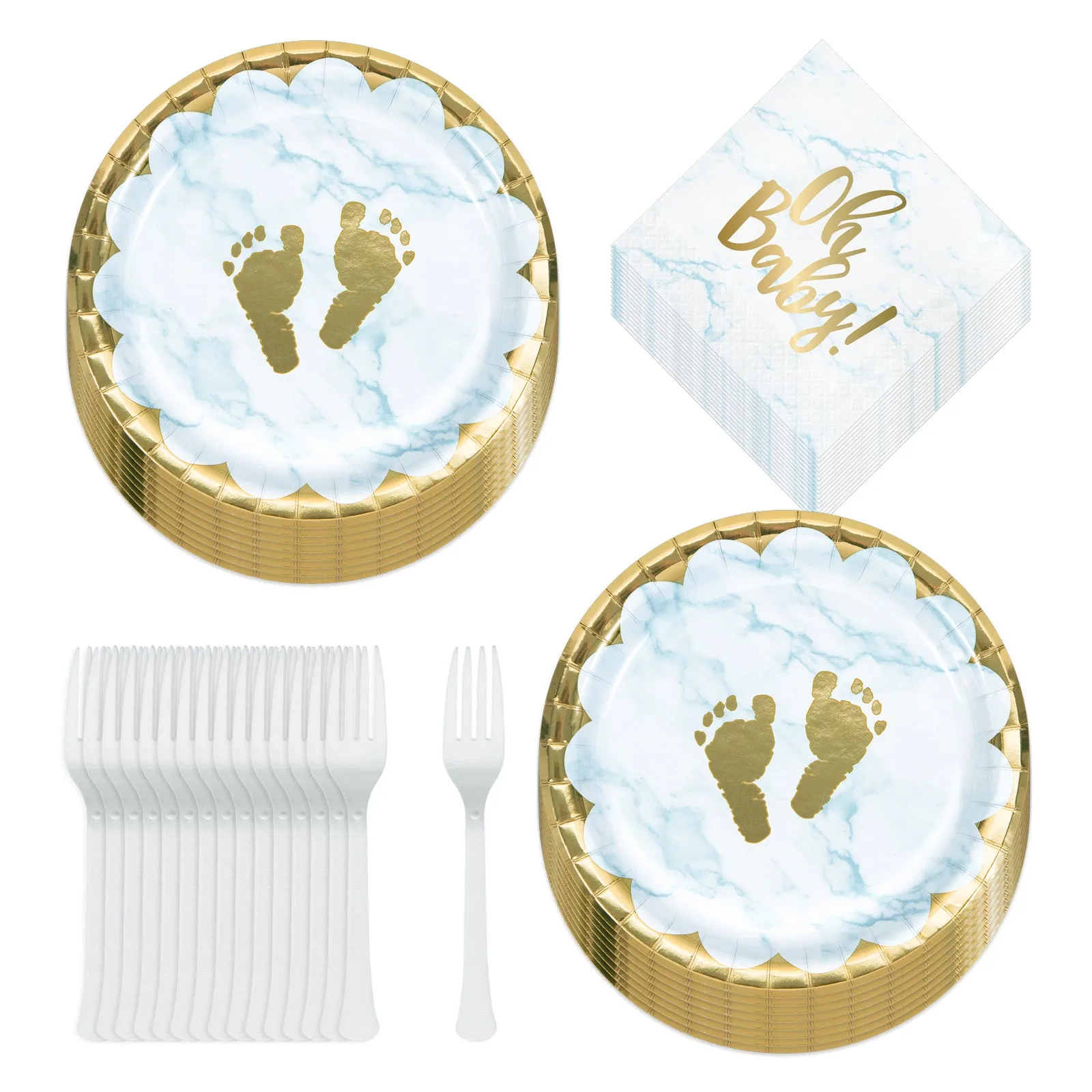 Oh Baby Boy Blue Marble and Gold Footprints Paper Dessert Plates, Lunch Napkins, and Forks (Serves 16)