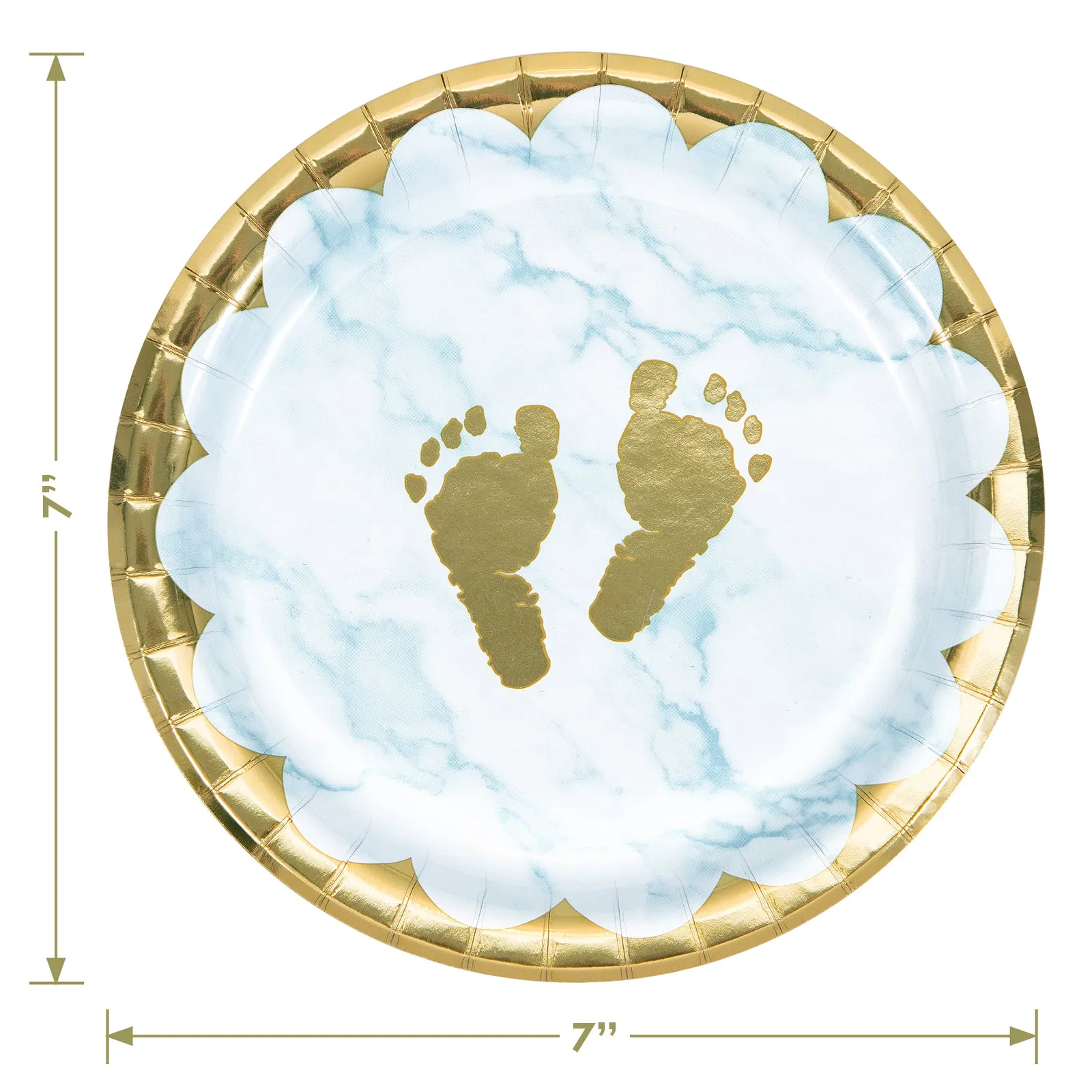 Oh Baby Boy Blue Marble and Gold Footprints Paper Dessert Plates, Lunch Napkins, and Forks (Serves 16)