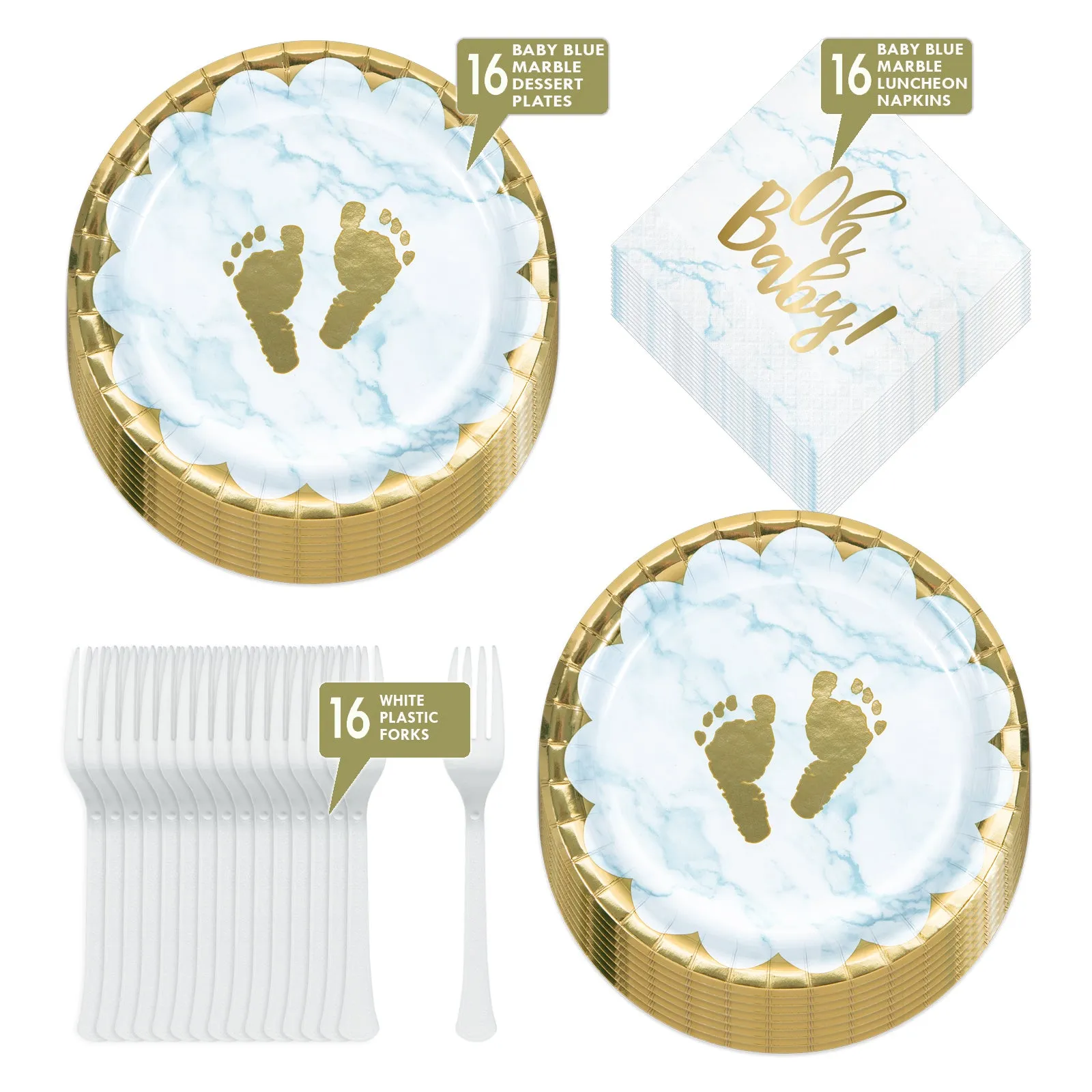 Oh Baby Boy Blue Marble and Gold Footprints Paper Dessert Plates, Lunch Napkins, and Forks (Serves 16)