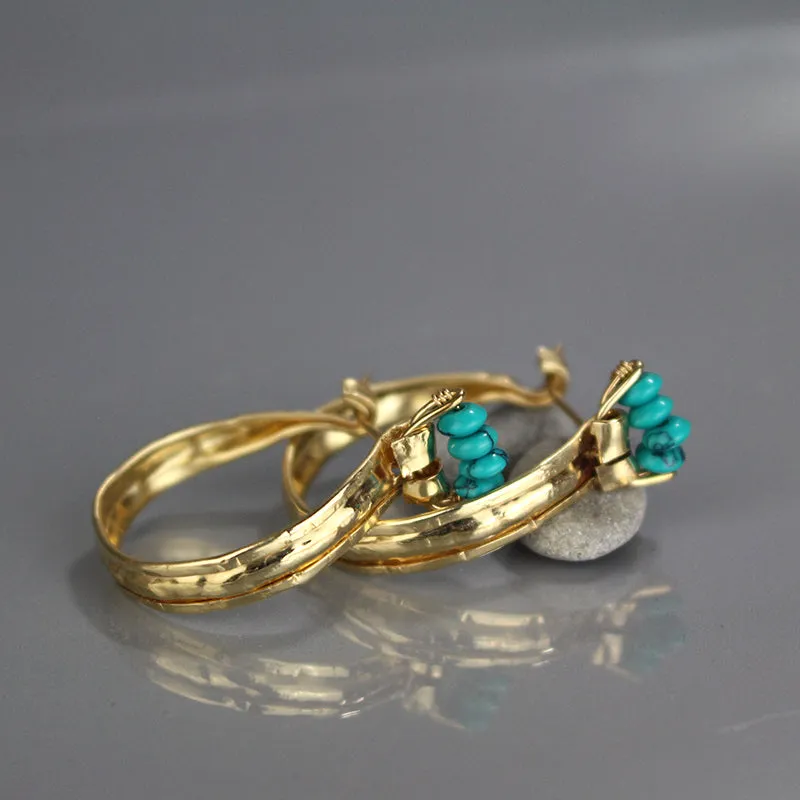 Turquoise Howlite Golden Crown Hoop Earrings
