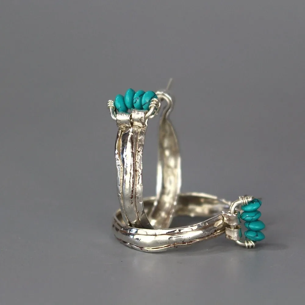 Turquoise Howlite Silver Crown Hoop Earrings