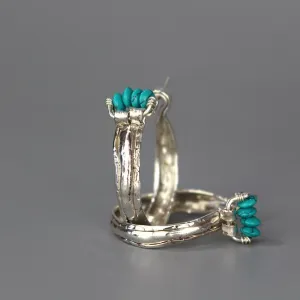 Turquoise Howlite Silver Crown Hoop Earrings