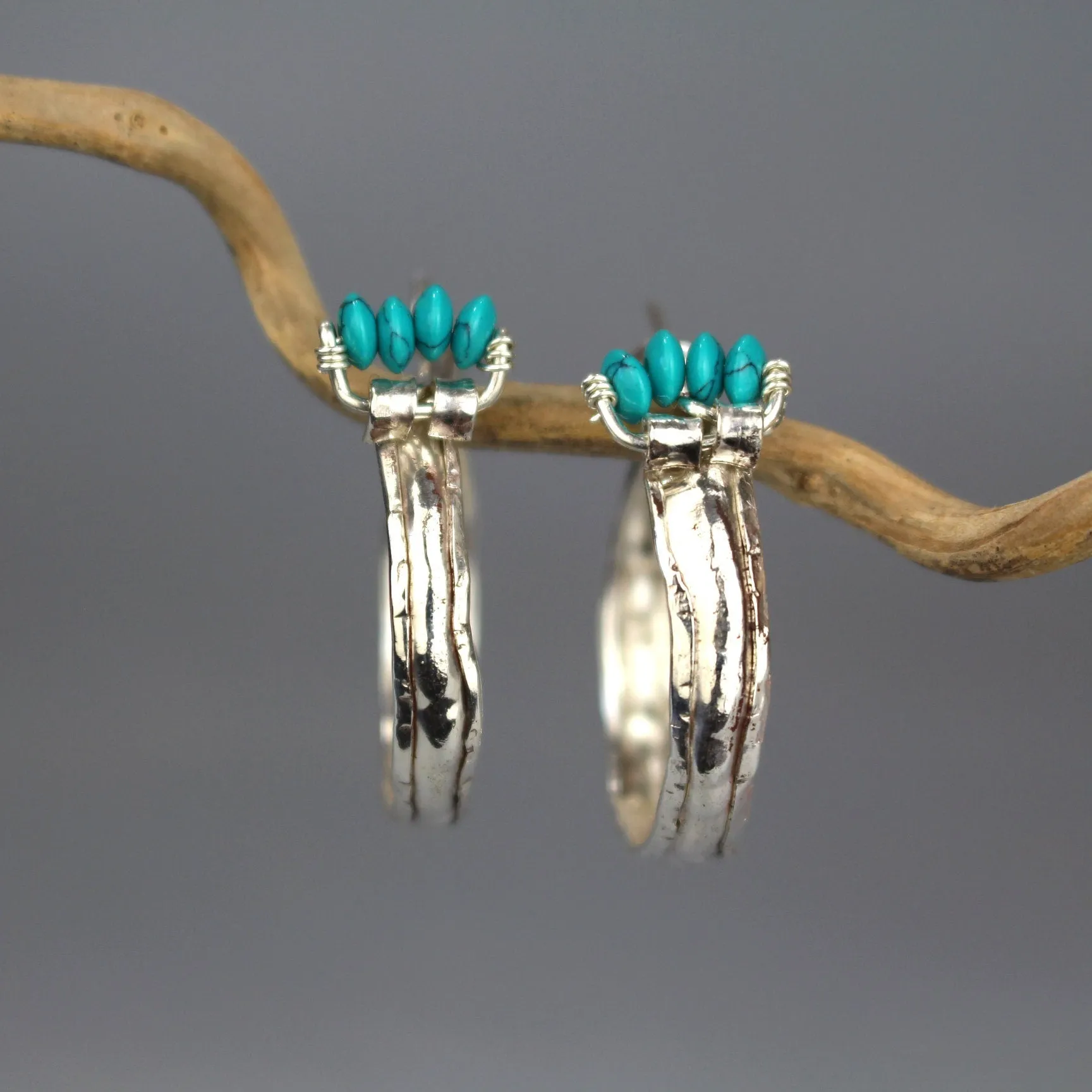 Turquoise Howlite Silver Crown Hoop Earrings