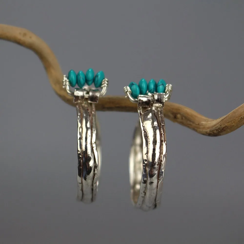 Turquoise Howlite Silver Crown Hoop Earrings