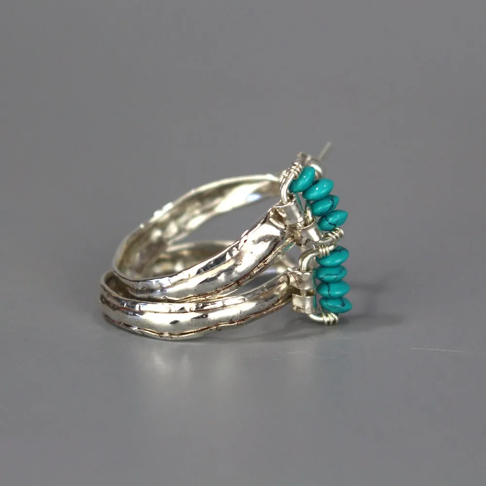 Turquoise Howlite Silver Crown Hoop Earrings